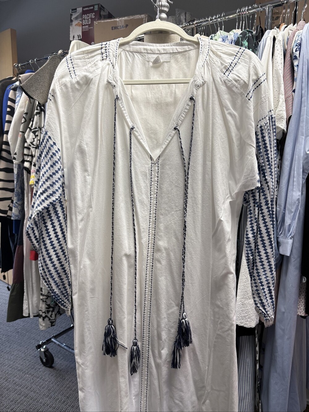 Theory White Tunic with Navy Embroidered Sleeves and Tassels